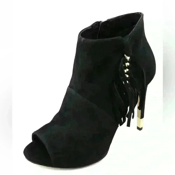 Guess Women's Black Aziz Suede Peep Toe with Fringe & Chain accent Bootie chic - Picture 1 of 6
